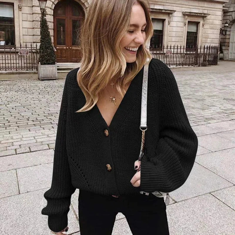 NEW Fashion Women Knitted Cardigans Sweater Fashion Autumn Long Sleeve Loose Coat Casual Button Thick V Neck Solid Female Tops - reetell