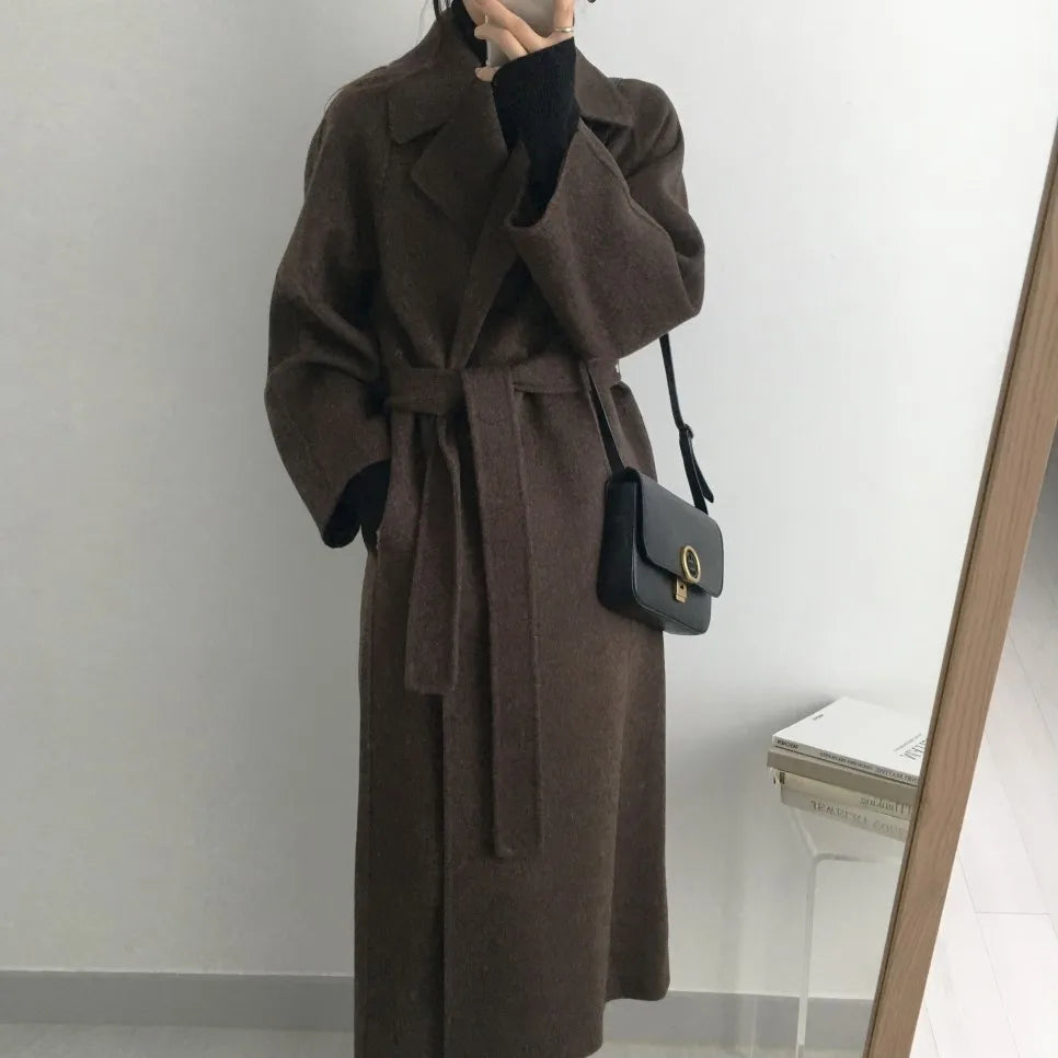 JXMYY French Lazy Style Warm Female Fresh Winter 2024 Classical Belt Retro Loose Women Woolen Coats Chic Casual Long Coat Long - reetell