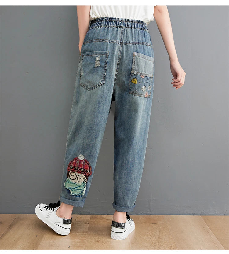 6537 Cartoon Litter Girl Embroidery Denim Pants For Women Trendy Hole Casual High Waist Breeches Pockets Mom Harem Blue Jeans - reetell