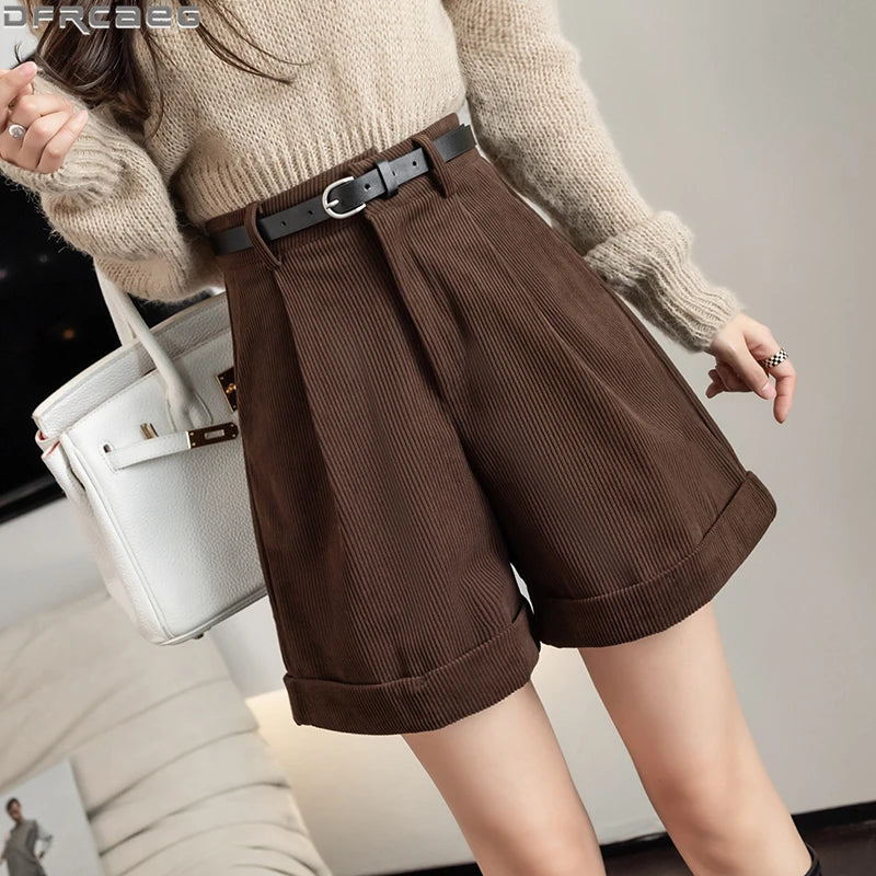 Streetwear Winter Corduroy Shorts Women Casual Loose Wide Leg Woolen Shorts With Belt High Waist Short Femme Black Khaki Brown - reetell