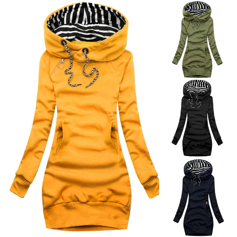 Fashion Women Sweatshirt Pullover Hoodies Long Sleeve Dress Hooded Striped Hooded Tops Drawstring Sweatshirts Slim Long Hoodies - reetell