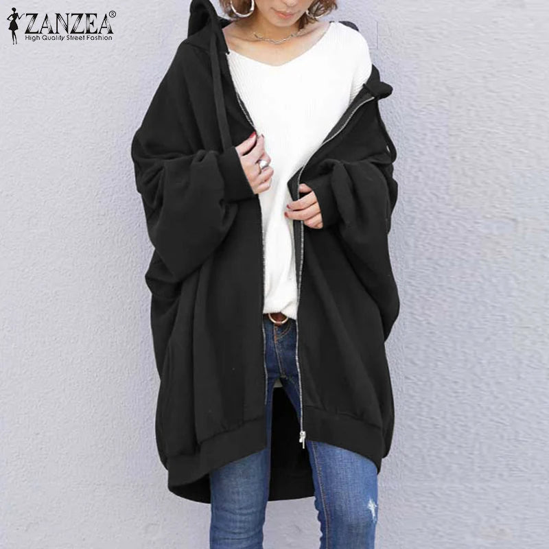 ZANZEA Fashion Oversize Coats Women Autumn Long Sleeve Sweatshirts Female Casual Elegant Loose Outwear Hooded Hoodies 2023 - reetell