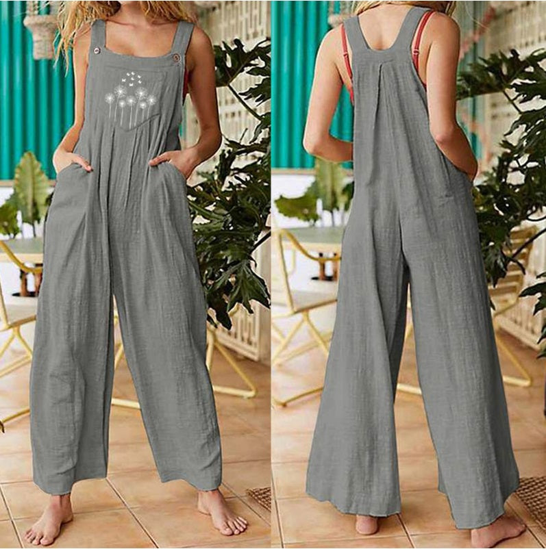 Summer New Women Casual Loose Flower Print Jumpsuits Women's Overalls Boho Sleeveless Square Collar Jumpsuits Rompers