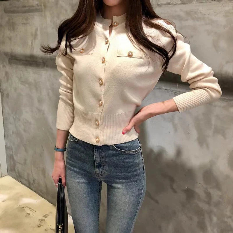 Zoki Fashion Women Cardigan Sweater Spring Knitted Long Sleeve Short Coat Casual Single Breasted Korean Slim Chic Ladies Top - reetell