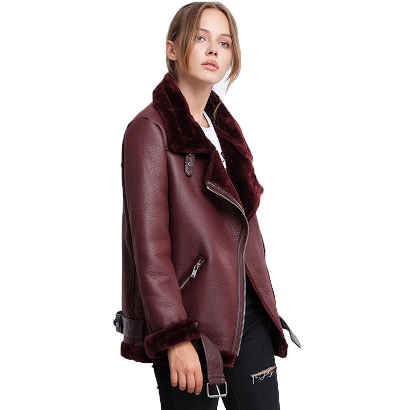 Ailegogo Winter Coats Women Thickness Faux Leather Fur Sheepskin Female Fur Leather Jacket Aviator Outwear Casaco Feminino