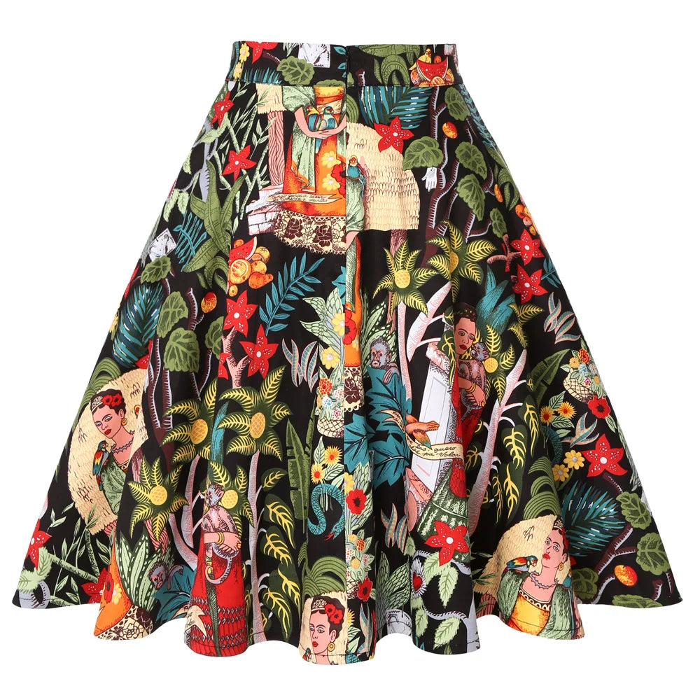 Women's Runway Cotton Retro Vintage Skirt Black Faldas High Waist A Line Rockabilly Jupe 50s Swing Umbrella Skirts Pin Up Skater - reetell