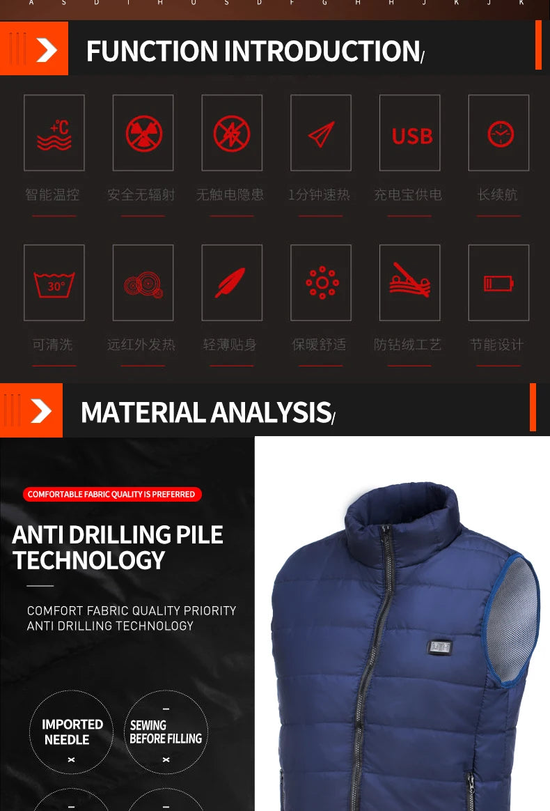 9 Areas Heated Vest Jacket USB Men Winter Electrically Heated Thermal Waistcoat for Hunting Hiking Warm Hunting Jacket - reetell