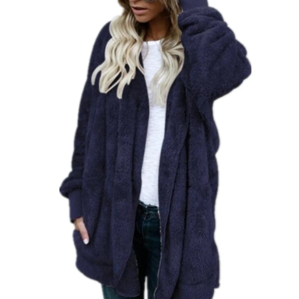 Loose Winter Women Solid Color Plush Faux Fur Warm Long Sleeve Hooded Female Jacket Midi Coat Cardigan 4 Colors - reetell