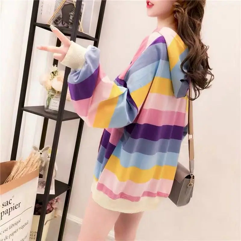 Womens Hoodies Rainbow Striped Long-sleeved T-shirt Spring Autumn New Loose Thin Casual Oversized Hooded Sweatshirt Women Tops - reetell