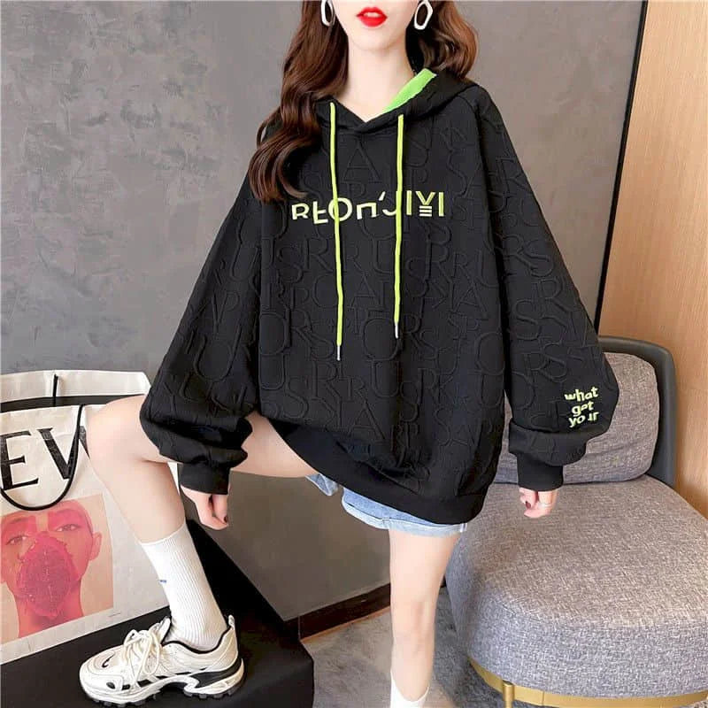 Autumn New Embroidery Hoodies Womens Fashion Loose Large Size Hoodie Korean Trendy Thin Long-sleeved Versatile Hooded Sweatshirt - reetell