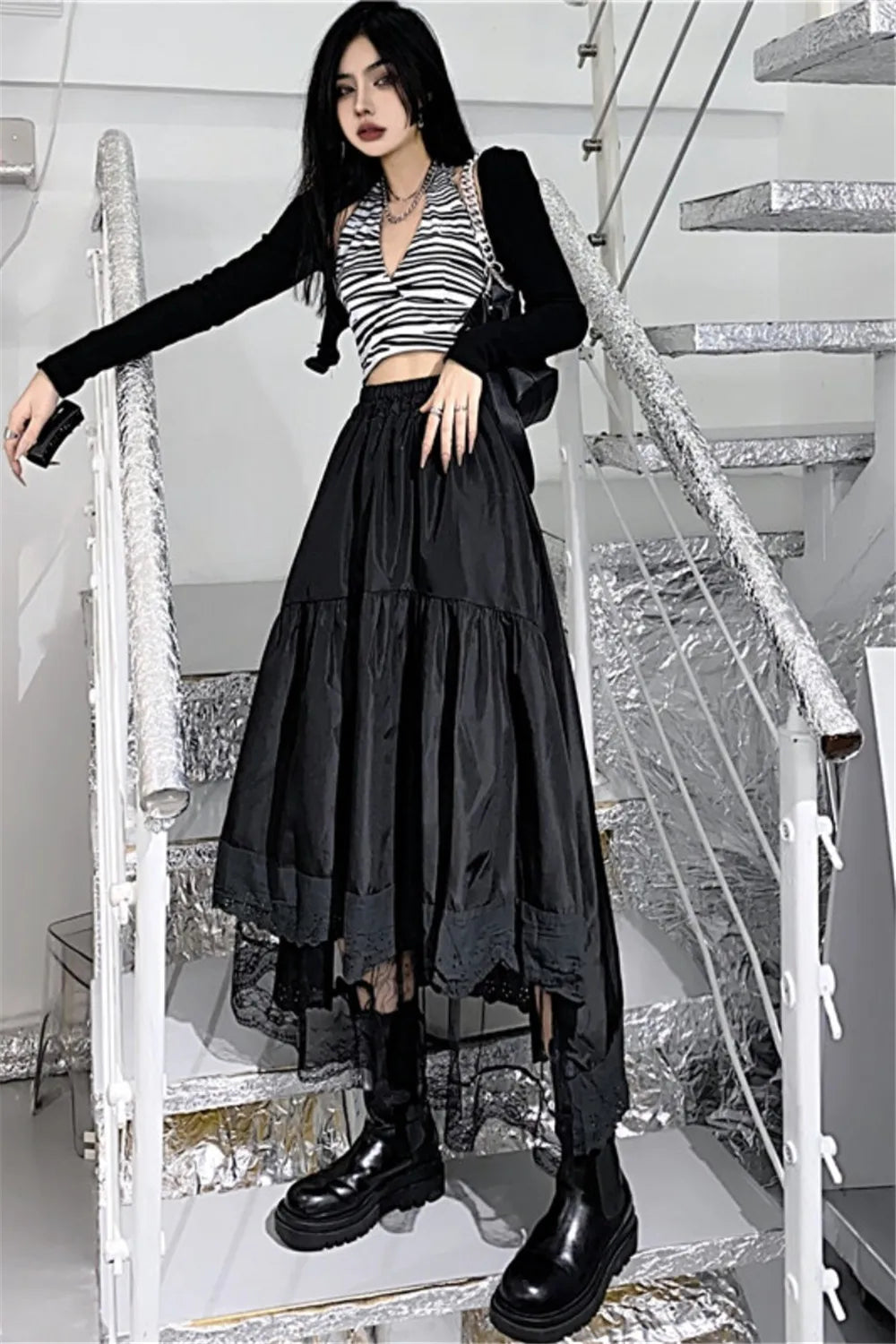 Y2k Gothic Tulle Pleated Skirt Black Lace Stitching Irregular Midi Skirt Women Vintage High Waist Long Skirt Korea Solid Hip Hop - reetell