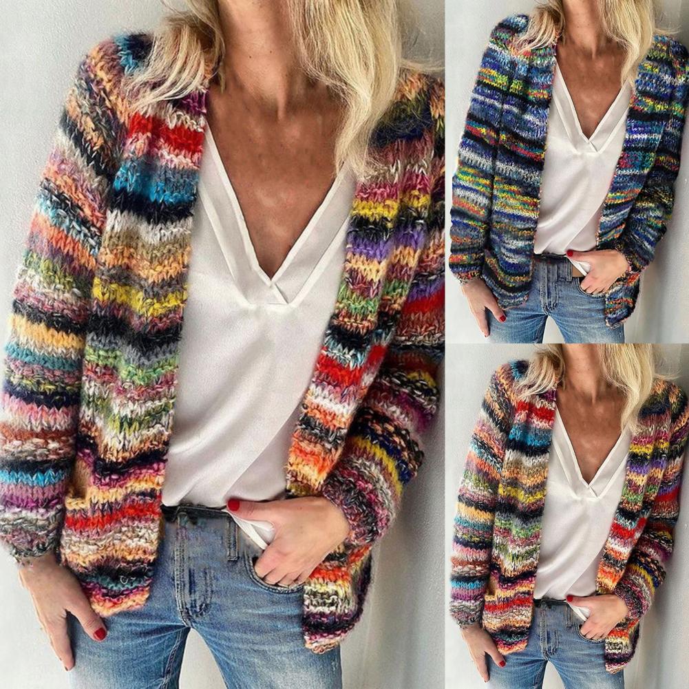 2021 New Women Sweater Rainbow Stripes Temperament Autumn Winter Long Sleeve Knitted Cardigan Coat for Office - reetell