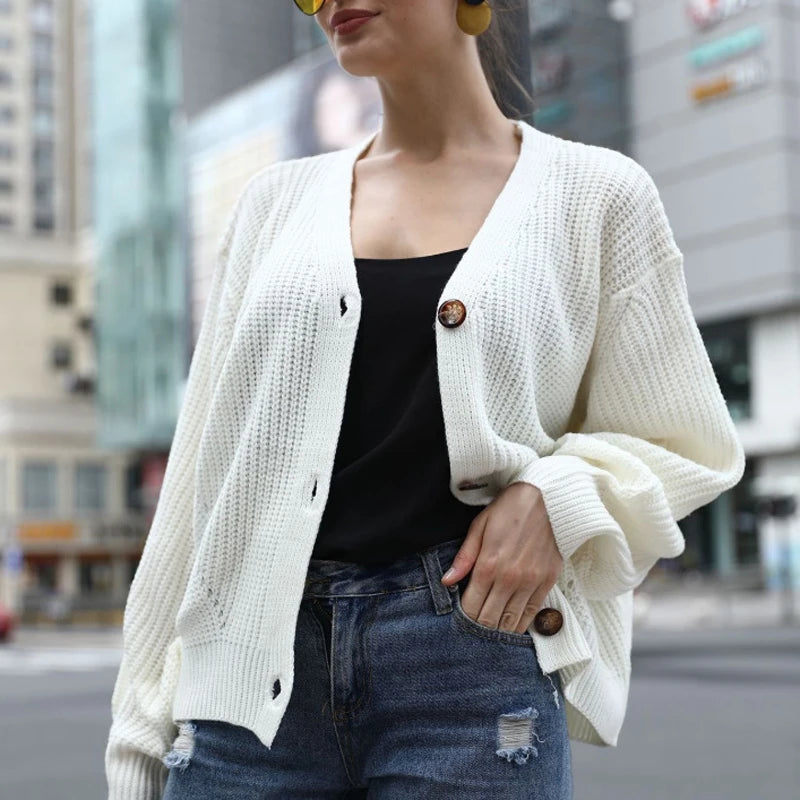 NEW Fashion Women Knitted Cardigans Sweater Fashion Autumn Long Sleeve Loose Coat Casual Button Thick V Neck Solid Female Tops - reetell