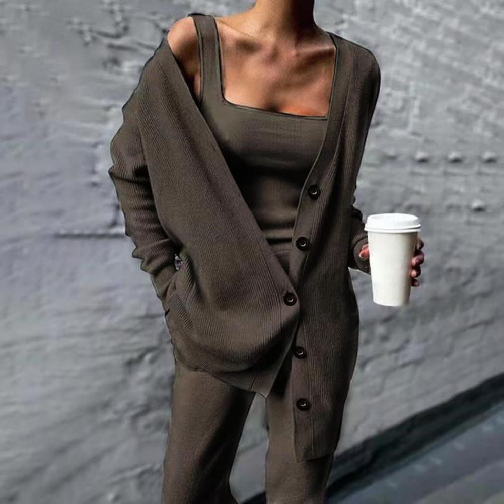 2021 Women Three Pices Set Autumn Winter Knitted Solid Cardigan Tops Tank Top And Casual Loose Long Pants Female Suit Tracksuit - reetell