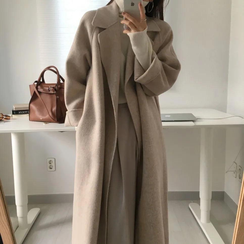 JXMYY French Lazy Style Warm Female Fresh Winter 2024 Classical Belt Retro Loose Women Woolen Coats Chic Casual Long Coat Long - reetell