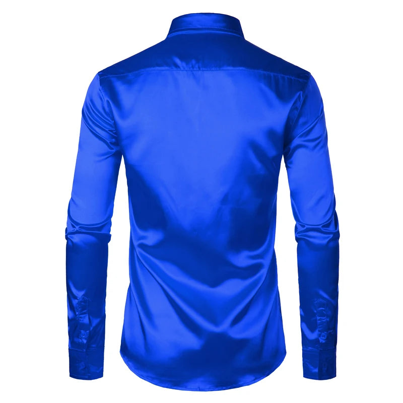 Royal Blue Silk Satin Shirt Men 2023 Luxury Brand New Slim Fit Mens Dress Shirts Wedding Party Casual Male Casual Shirt Chemise