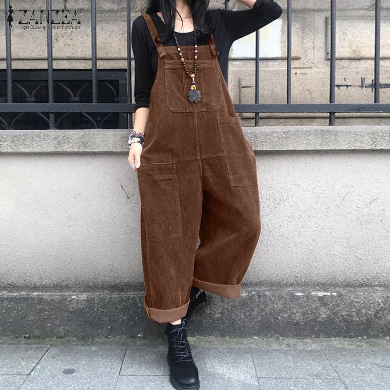 Kaftan Corduroy Overalls Women's Spring Jumpsuits ZANZEA 2023 Casual Suspender Harem Pants Female Solid Rompers Femme Oversize