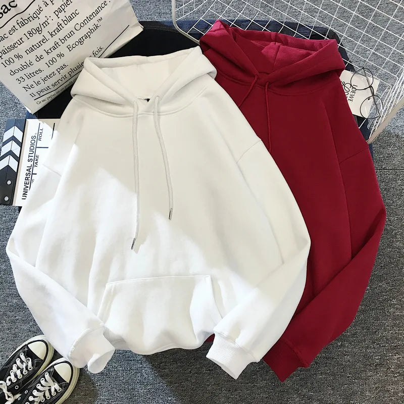 Zuolunouba Autumn And Winter Solid Color Plus Velvet Thickening Female Hoodie Casual Loose Drawstring Pocket Women Sweatshirt - reetell