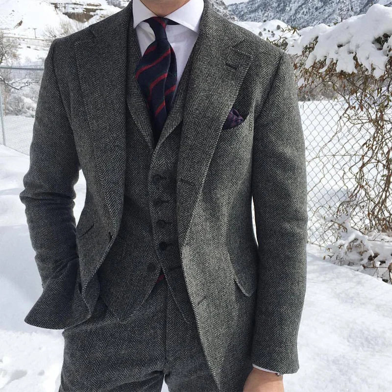 Gray Wool Tweed Winter Men Suit's For Wedding Formal Groom Tuxedo Herringbone Male Fashion 3 Piece Suit (Jacket + Vest + Pants) - reetell