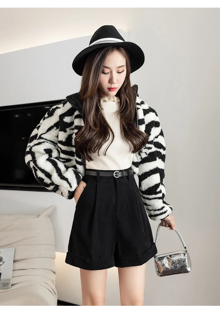 Streetwear Winter Corduroy Shorts Women Casual Loose Wide Leg Woolen Shorts With Belt High Waist Short Femme Black Khaki Brown - reetell