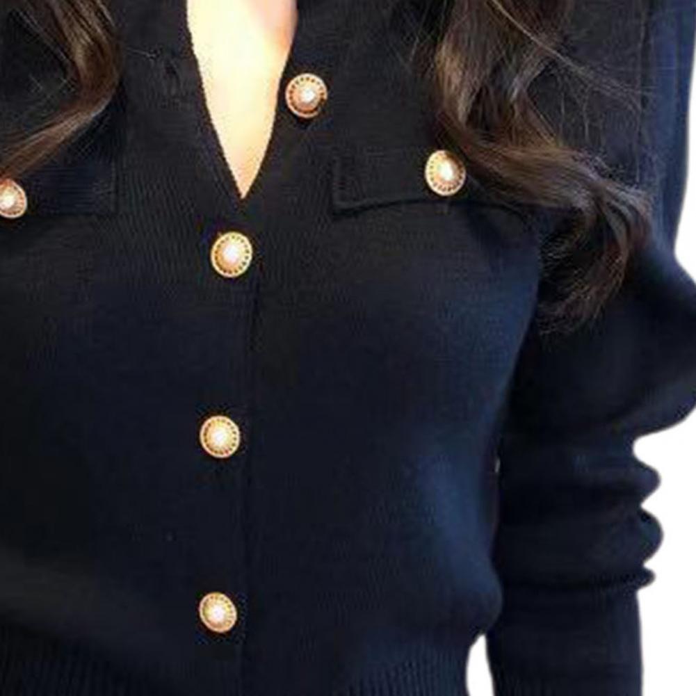 Women Cardigan Sweater Decorative Pockets Faux Pearl Buttons Knitted Coat Short Single Breasted Korean Slim Chic Ladies Tops - reetell