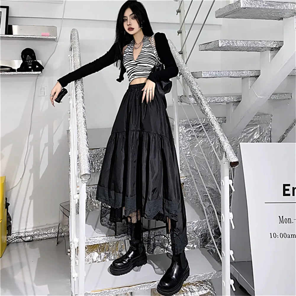 Y2k Gothic Tulle Pleated Skirt Black Lace Stitching Irregular Midi Skirt Women Vintage High Waist Long Skirt Korea Solid Hip Hop - reetell