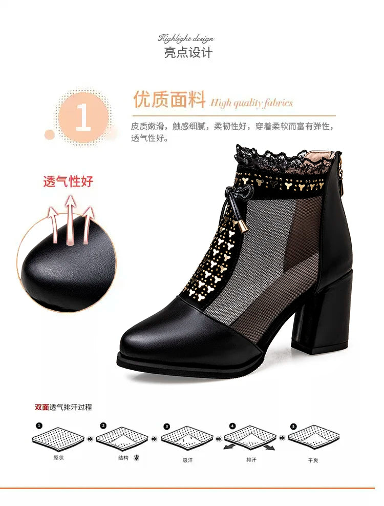 2021 Best-Selling Cowhide Mesh Bow Summer Shoes High Heel Women Sandals Shoes Summer Sandals Fish Mouth Black Leather Sandals - reetell