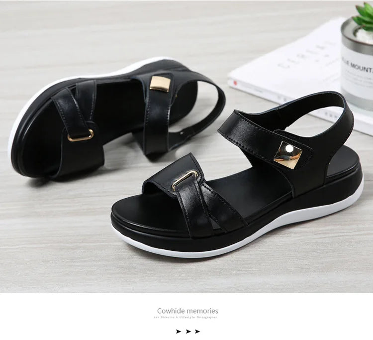 WOIZGIC Women Female Ladies Mother Genuine Leather Shoes Sandals Flats Soft Hook Loop Korean Bling Summer Beach Size 35-40 - reetell