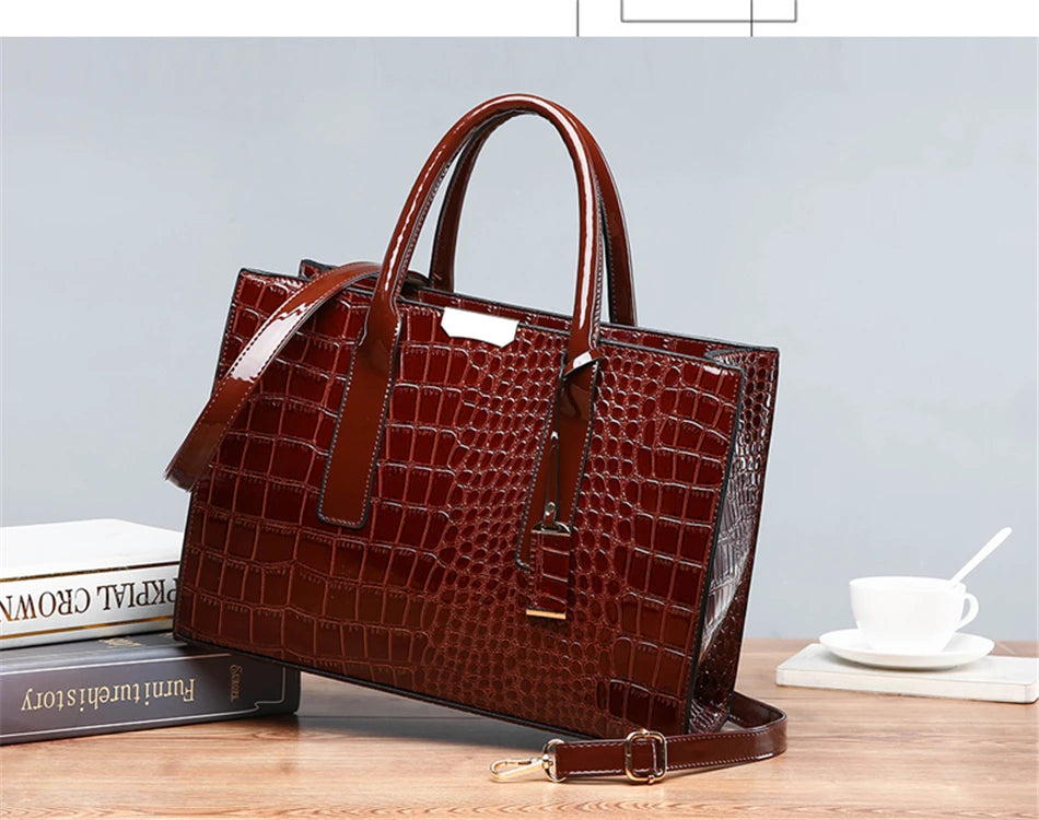 Casual Tote Sac Vintage Crocodile Pattern Patent Leather Luxury Handbags Brand Designer Large Capacity Shoulder Messenger Bag - reetell