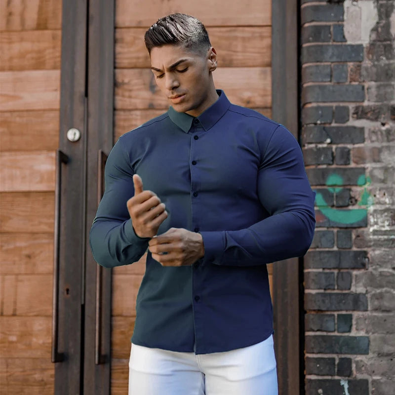 Men Fashion Casual long Sleeve Solid Shirt Super Slim Fit Male Social Business Dress Shirt Brand Men Fitness Sports Clothing - reetell