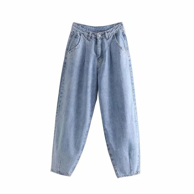 Aachoae Women Streetwear Pleated Mom Jeans High Waist Loose Slouchy Jeans Pockets Boyfriend Pants Casual Ladies Denim Trousers - reetell