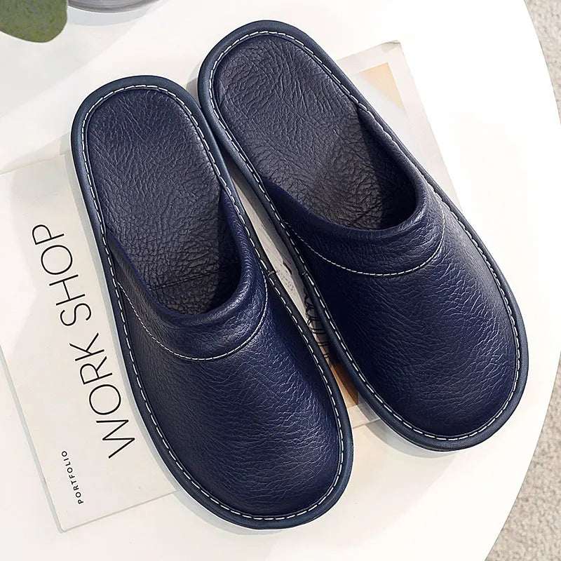 Autumn Winter Indoor Shoes 47 48 Men's Blue Bedroom Slippers Man Concise Slides Faux Fur Mules Leather Home Slipper Flip Fops