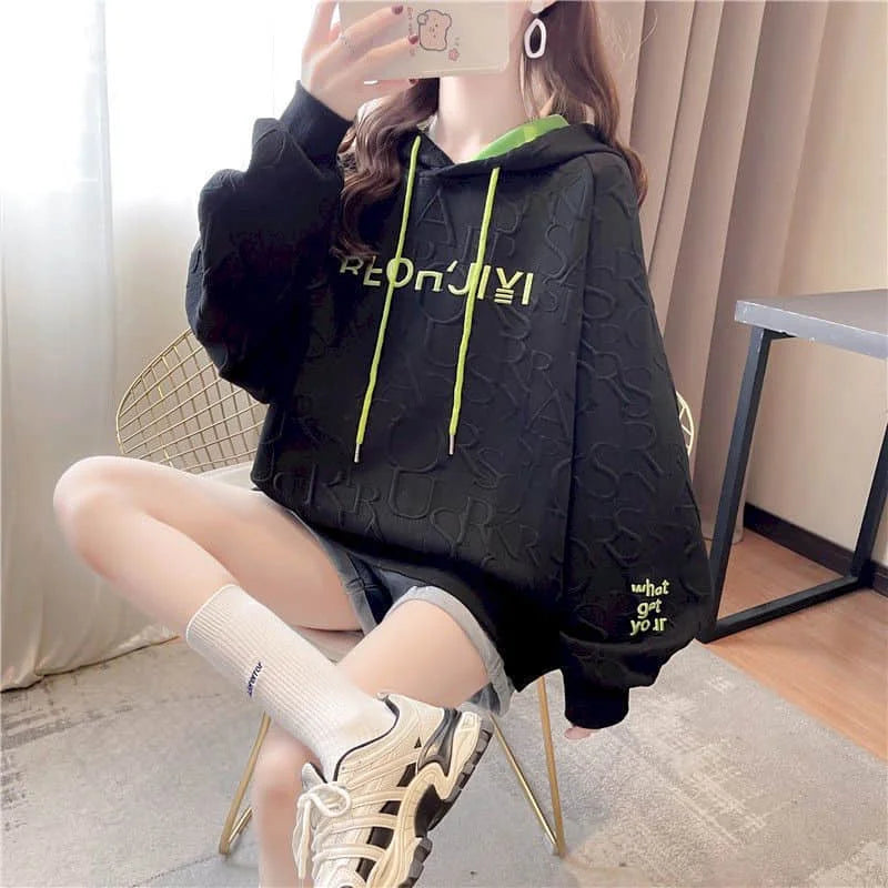 Autumn New Embroidery Hoodies Womens Fashion Loose Large Size Hoodie Korean Trendy Thin Long-sleeved Versatile Hooded Sweatshirt - reetell