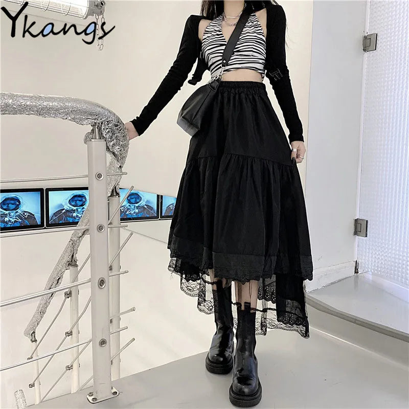 Y2k Gothic Tulle Pleated Skirt Black Lace Stitching Irregular Midi Skirt Women Vintage High Waist Long Skirt Korea Solid Hip Hop - reetell