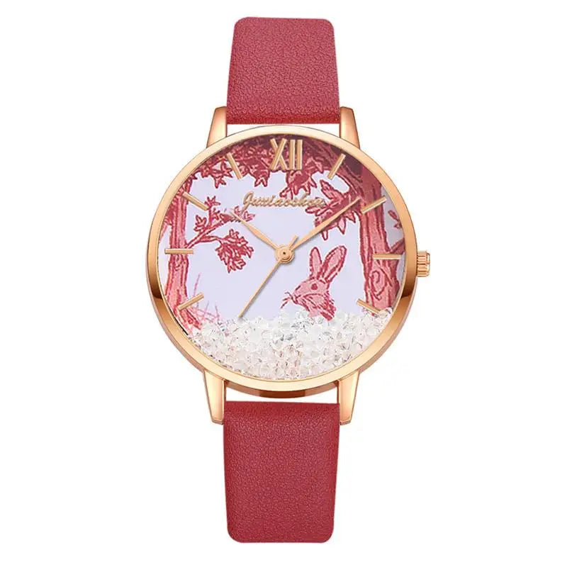 Luxury Rhinestones Women Watches Fashion Rabbit Pattern Dial Design Ladies Wristwatches Qualities Female Quartz Leather Watch