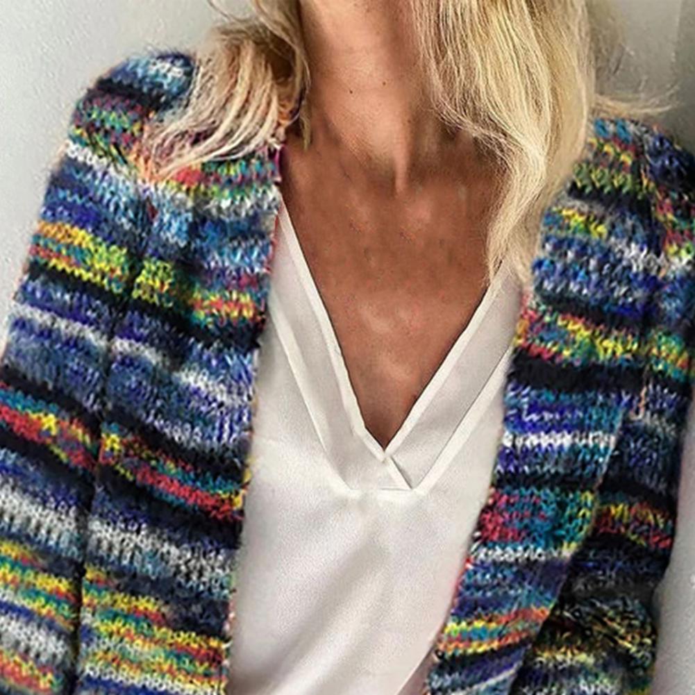 2021 New Women Sweater Rainbow Stripes Temperament Autumn Winter Long Sleeve Knitted Cardigan Coat for Office - reetell