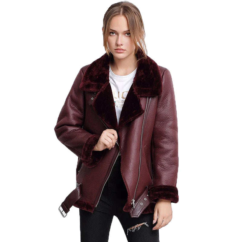 Ailegogo Winter Coats Women Thickness Faux Leather Fur Sheepskin Female Fur Leather Jacket Aviator Outwear Casaco Feminino