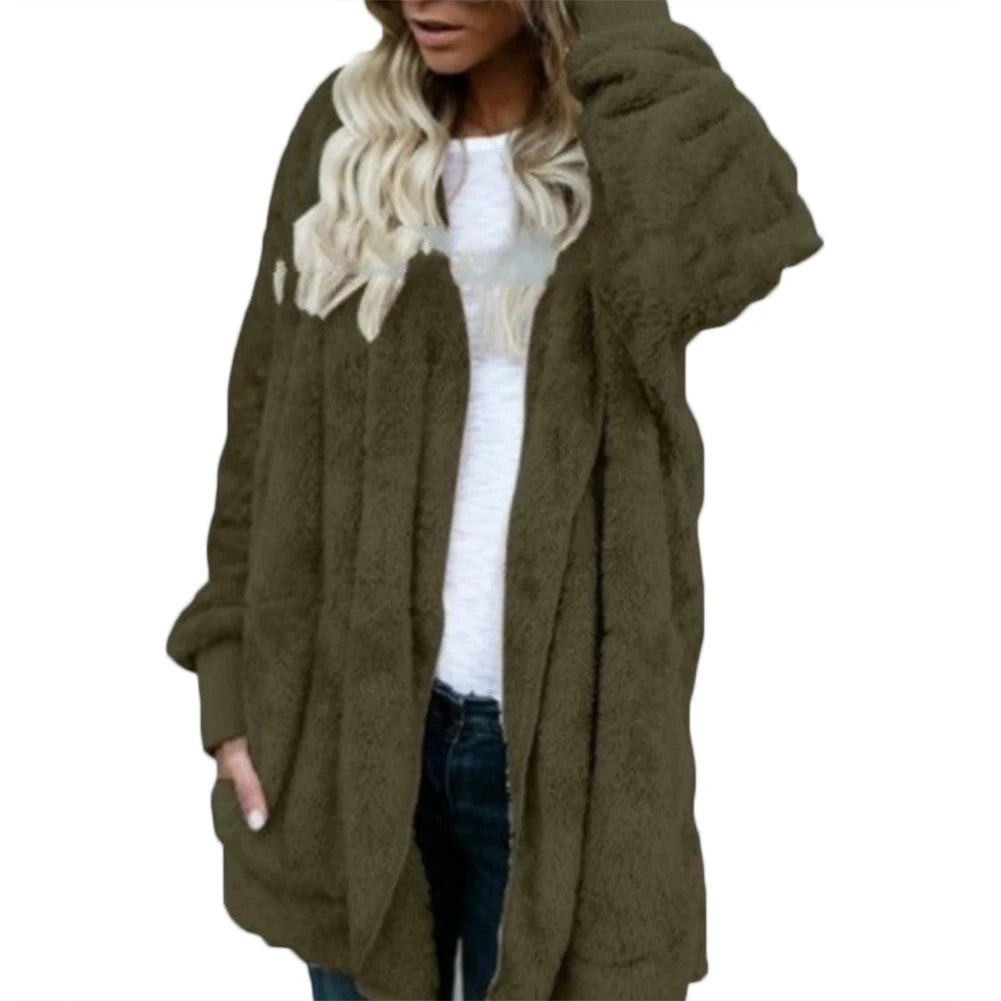 Loose Winter Women Solid Color Plush Faux Fur Warm Long Sleeve Hooded Female Jacket Midi Coat Cardigan 4 Colors - reetell