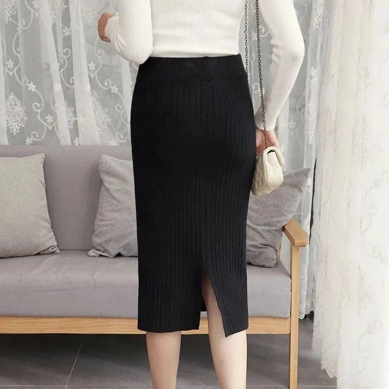 50-60-70 CM Fashion Autumn Winter Korean Knitted Women Skirts Elastic High Waist Split A-line Female Sexy Ribbed Skirts - reetell