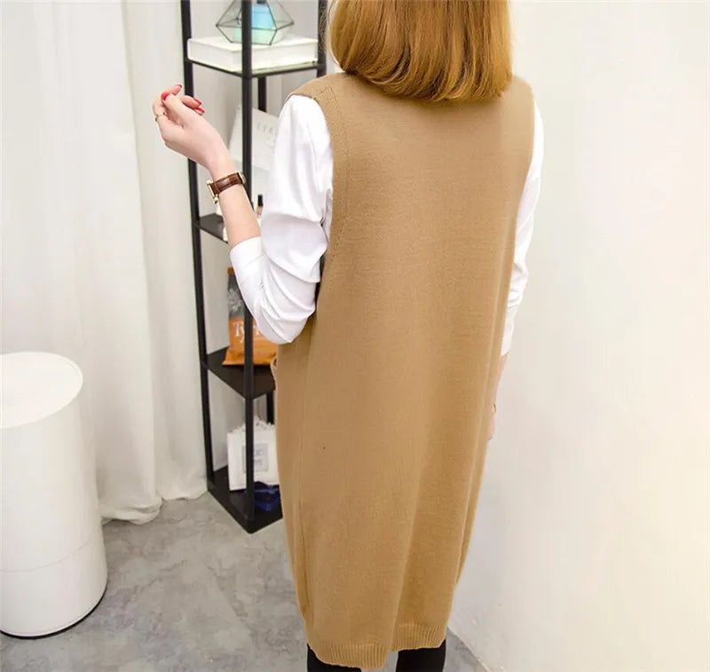 Long Sweater Vest Women Knitting Cardigan Waistcoat Coat lady 2020 New Autumn winter Korean Loose Gilet solid Sleeveless Jackets - reetell