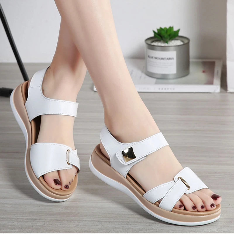 WOIZGIC Women Female Ladies Mother Genuine Leather Shoes Sandals Flats Soft Hook Loop Korean Bling Summer Beach Size 35-40 - reetell