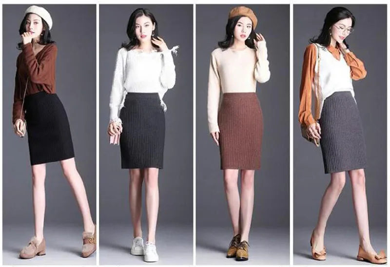 50-60-70 CM Fashion Autumn Winter Korean Knitted Women Skirts Elastic High Waist Split A-line Female Sexy Ribbed Skirts - reetell