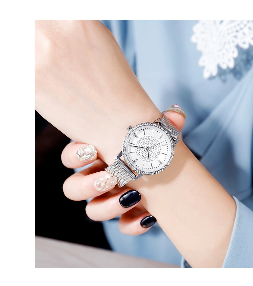 Hot Sale Full Solid Stainless Steel Strap Japan Movement Rose Gold Diamonds Women Rhinestones Wristwatches Female Quartz Watch