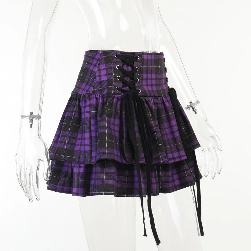 Vintage Y2K Punk Sexy High Waist Mini Skirts Purple Plaid Bandage Harajuku Aesthetic Skirt Goth Grunge Cake Skirt Streetwear - reetell