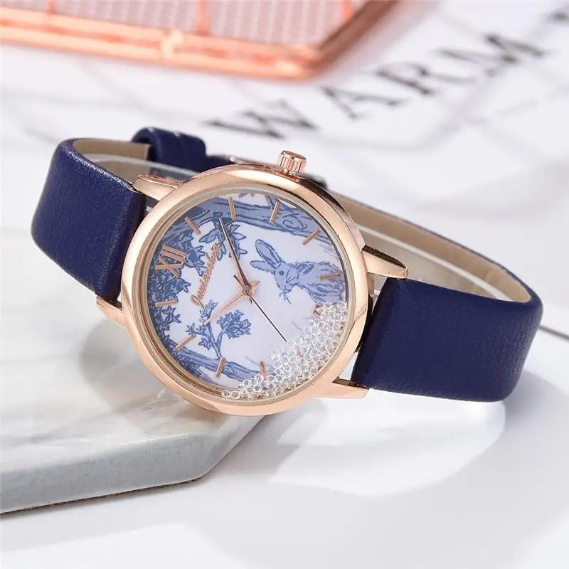 Luxury Rhinestones Women Watches Fashion Rabbit Pattern Dial Design Ladies Wristwatches Qualities Female Quartz Leather Watch