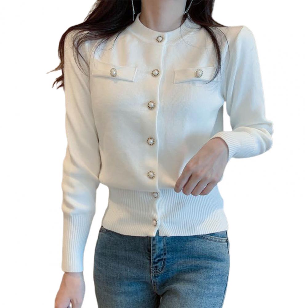 Women Cardigan Sweater Decorative Pockets Faux Pearl Buttons Knitted Coat Short Single Breasted Korean Slim Chic Ladies Tops - reetell