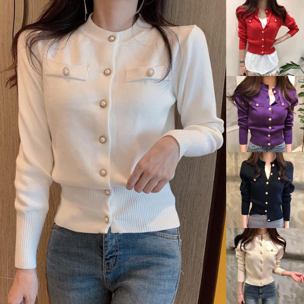 Women Cardigan Sweater Decorative Pockets Faux Pearl Buttons Knitted Coat Short Single Breasted Korean Slim Chic Ladies Tops - reetell