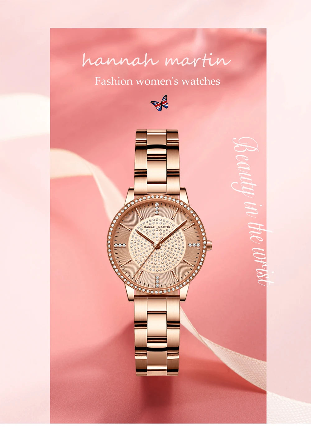 Hot Sale Full Solid Stainless Steel Strap Japan Movement Rose Gold Diamonds Women Rhinestones Wristwatches Female Quartz Watch