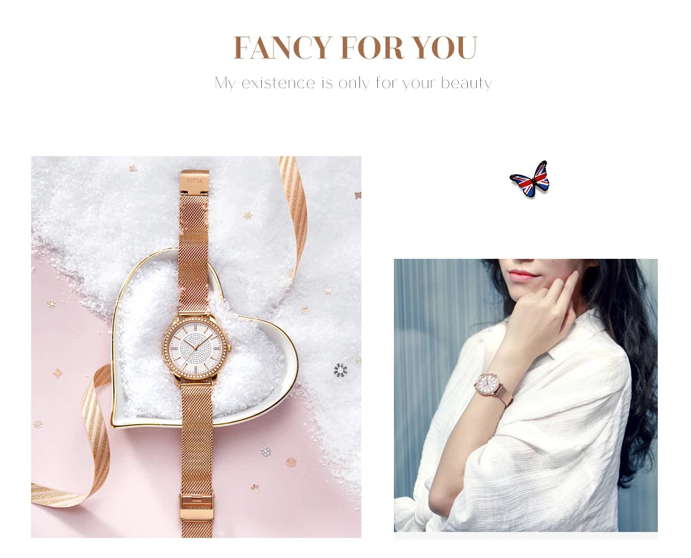 Hot Sale Full Solid Stainless Steel Strap Japan Movement Rose Gold Diamonds Women Rhinestones Wristwatches Female Quartz Watch