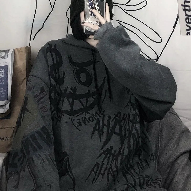 QWEEK Goth Harajuku Hoodie Punk Anime Oversized Sweatshirt Graffiti Hoodies Women Cartoon Print Hoodie 2021 Streetwear Women - reetell